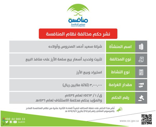 مجلس المنافسة يغرم شركة 3 ملايين ريال