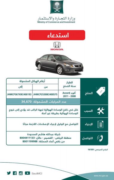 استدعاء سيارات هوندا: 82 ألف مركبة لخلل
