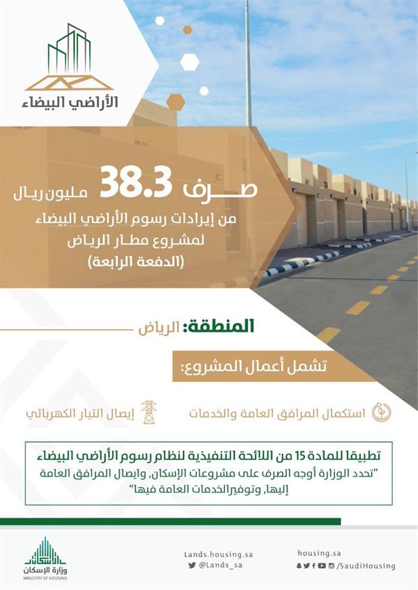 صرف 38 مليون ريال من إيرادات "الأراضي البيضاء" لمشروع الإسكان غرب مطار الرياض
