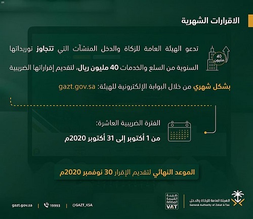 “الزكاة والدخل” تدعو المكلفين إلى تقديم إقرارات ضريبة القيمة المضافة عن شهر أكتوبر