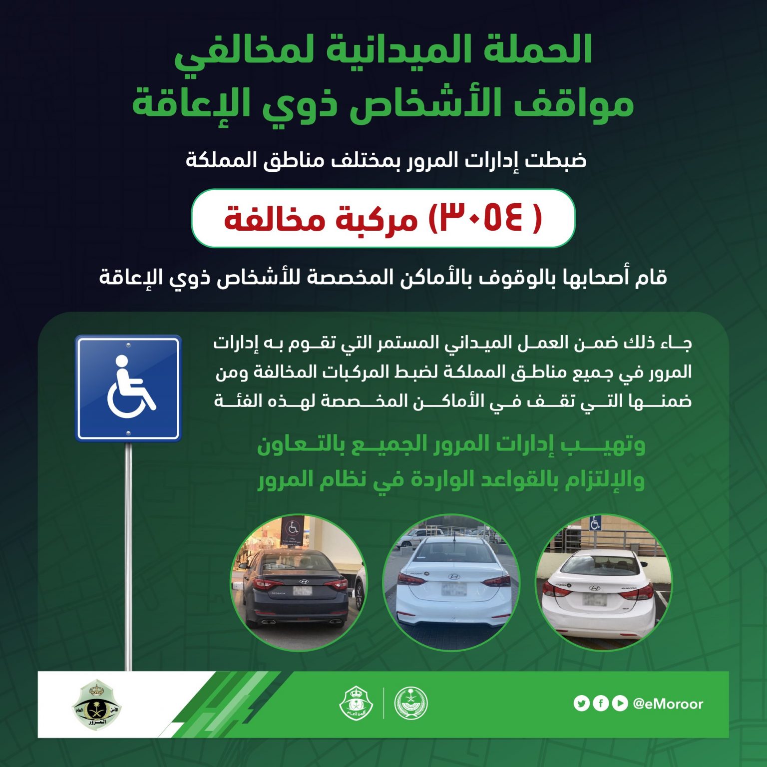 «المرور»: ضبط 3054 مركبة بسبب الوقوف بأماكن «ذوي الإعاقة»