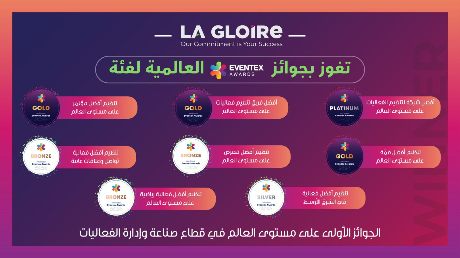 شركة زهرة المجد لإدارة وتنظيم الفعاليات"La Gloire" تحصد 8 جوائز من Eventex العالمية